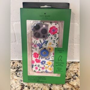 KATE SPADE Floral Bouquet Gold Blue Logo Ring Stand Wrap iPhone 14 PRO Case